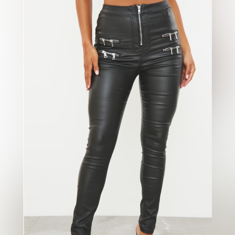 Black Biker Detail Coated Skinny Jeans